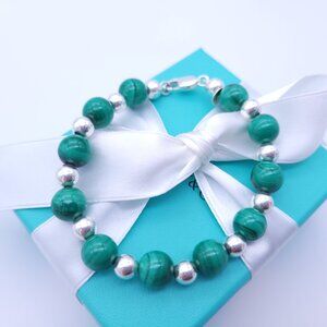 Rare Tiffany & Co. Sterling Silver 10'mm Malachite Ball Beaded 8' Inch Bracelet
